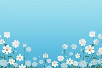 cute cartoon flower border on a light electric blue background, vector, clean 