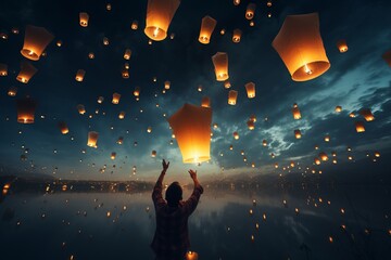 Nighttime worship  people releasing sky lanterns to honor traditions and spirituality