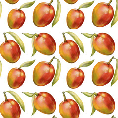 Fresh mango seamless pattern, tropical fruit background 