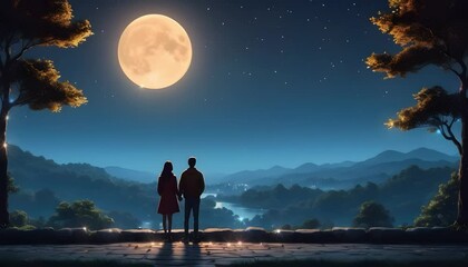 A couple looking at the full moon romantically
- Powered by Adobe