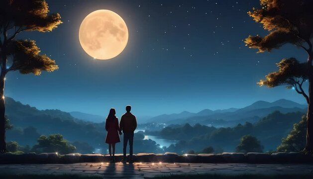 A couple looking at the full moon romantically

