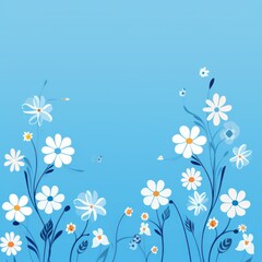 cute cartoon flower border on a light electric blue background, vector, clean