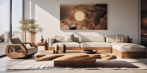 A beautifully furnished living room with warm, earthy tones and contemporary furniture, bathed in natural light with low angle coffe table and sofa, mockup on back wall, modern interior design