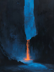  Gully waterfall, in the style of dark orange and dark azure. 