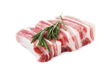 Cut raw pork ribs with rosemary isolated on white