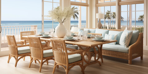 Perspective of modern Coastal chic living room with dinning table in front of sofa, Coastal chic living room