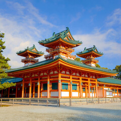 Kyoto, Japan - April 2 2023: Heian Shrine built on the occasion of 1100th anniversary of the capital's foundation in Kyoto, dedicated to the spirits of the first and last emperors who reigned the city