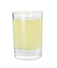 Shot glass with tasty limoncello liqueur isolated on white