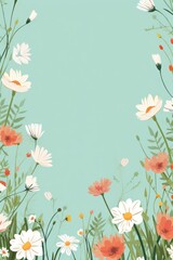 cute cartoon flower border on a light green background, vector, clean