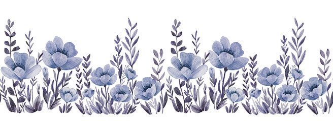 Seamless border with delicate blue meadow flowers, watercolor illustration. - obrazy, fototapety, plakaty
