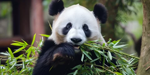 Keuken spatwand met foto a panda bear eating green leaves in forest nature and wildlife enthusiasts © Shahidah