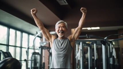 Fototapeta na wymiar Asian senior male fitness instructor in the gym