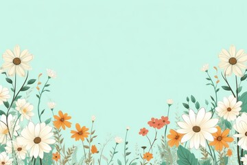 Obraz na płótnie Canvas cute cartoon flower border on a light mint green background, vector, clean