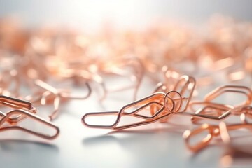Copper paperclips on white table with light. Generative AI - obrazy, fototapety, plakaty