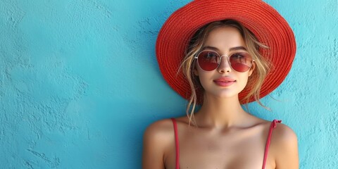 Glamorous and sexy, a vibrant woman in a red hat and sunglasses exudes elegance on a sunny beach vacation.