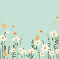cute cartoon flower border on a light mint background, vector, clean 