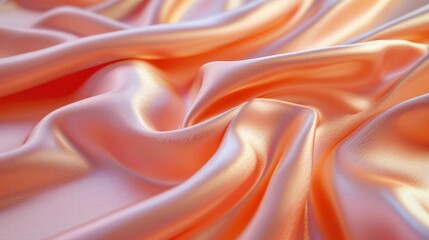 Fototapeta premium A detailed view of a Peach Fuzz color satin fabric, capturing its shiny, smooth surface and the warm peach hue, filling the entire screen with its luxurious and glossy texture.