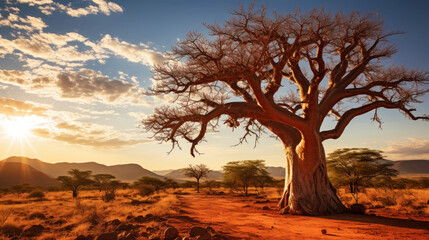Close-up of a baobab tree against a desert background. Scorching heat, sunshine. Desert landscape. Generative AI
