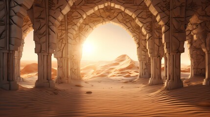 Sunlight filtering through ancient desert arches, casting intricate patterns on the sandy ground