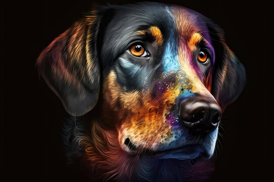 photo portrait face of an dog with colors painting in face, isolated on black