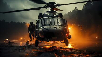 Special forces unit rappelling from a helicopter onto a rooftop for a rescue mission - obrazy, fototapety, plakaty