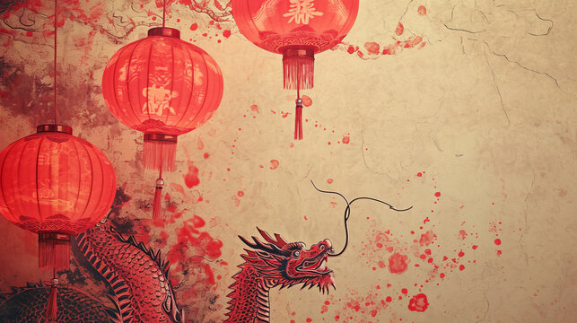 Chinese new year wallpaper with red dragon and lanterns.