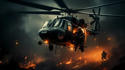 Crédence de cuisine en verre imprimé hélicoptère Special forces unit rappelling from a helicopter onto a rooftop for a rescue mission