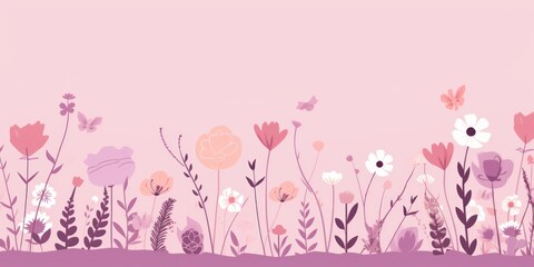 cute cartoon flower border on a light plum background, vector, clean 