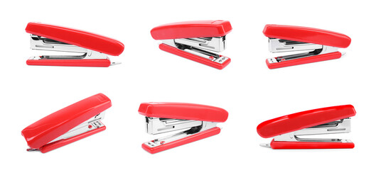 Red stapler isolated on white, different sides