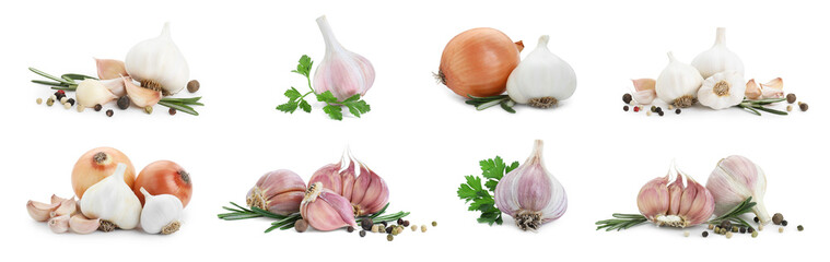 Fresh garlic, onions, herbs and peppercorns isolated on white, set