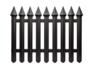 black iron or steel metal fence, isolated on a transparent background. PNG cutout or clipping path.	