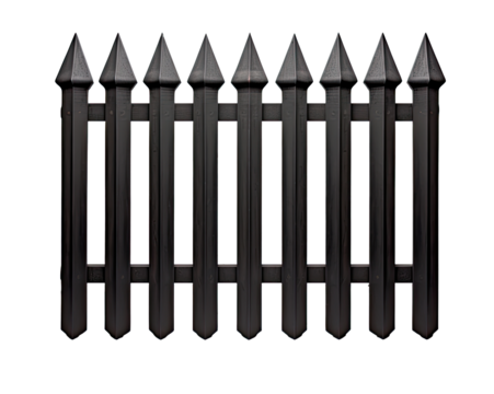 black iron or steel metal fence, isolated on a transparent background. PNG cutout or clipping path.	