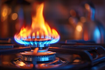 Natural gas burning on kitchen gas stove. Panel from steel with a gas ring burner close up