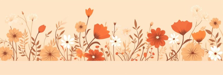 cute cartoon flower border on a light rust background, vector, clean  - obrazy, fototapety, plakaty