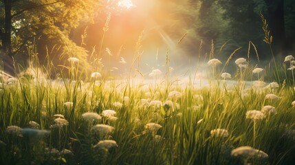 Fototapeta na wymiar Sunlight streaming through tall grass in a meadow, creating a dreamy atmosphere