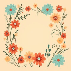 cute cartoon flower border on a light rust background, vector, clean 