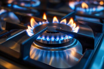 Natural gas burning on kitchen gas stove. Panel from steel with a gas ring burner close up - obrazy, fototapety, plakaty
