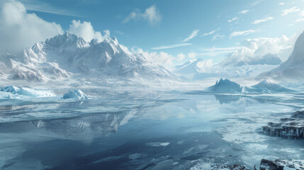 The frozen water on an island, in the style of matte painting.