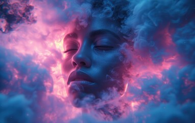Face with dark sky-blue and light magenta clouds surrounding his face Generated by AI - obrazy, fototapety, plakaty