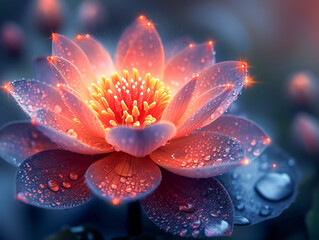 Lotus flower with radiant petals and water droplets.
