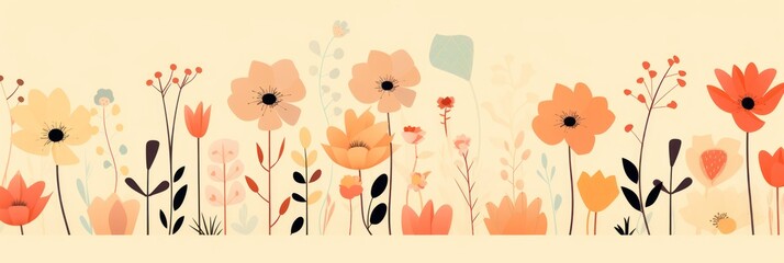cute cartoon flower border on a light tangerine background, vector, clean 