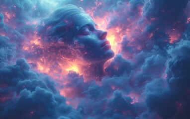 Face with dark sky-blue and light magenta clouds surrounding his face Generated by AI
