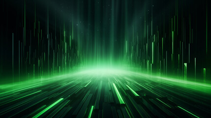 Abstract 3D background of green neon lines sliding down. Modern wallpaper.