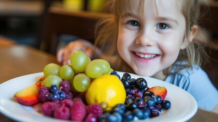 Fototapeta na wymiar Smiling Girl With a Colorful Fruit Plate Indoors