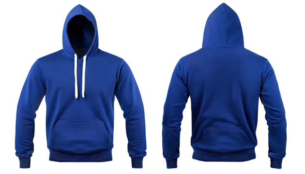 blank blue male hoodie sweatshirt long sleeve with clipping path, men's hoodie with hood for your design mockup for print, on a transparent background. template for winter clothes.	

