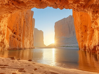 Sunrise view inside a cave overlooking a tranquil lake.
