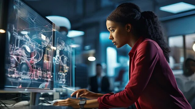 People work in a modern office of a technology company. Business, science, technology and architecture concept.