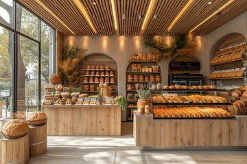 bakery with fresh pastries interior - obrazy, fototapety, plakaty