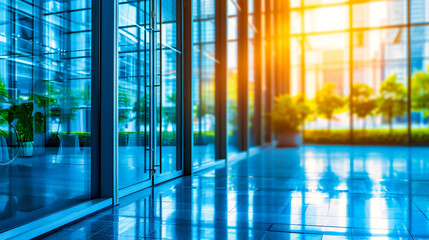 Modern Architecture in a Business Setting with Window Reflections, Clean Corridor, and Urban Design Elements