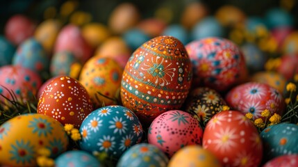 Colorful Painted Eggs Piled in a Vibrant Stack